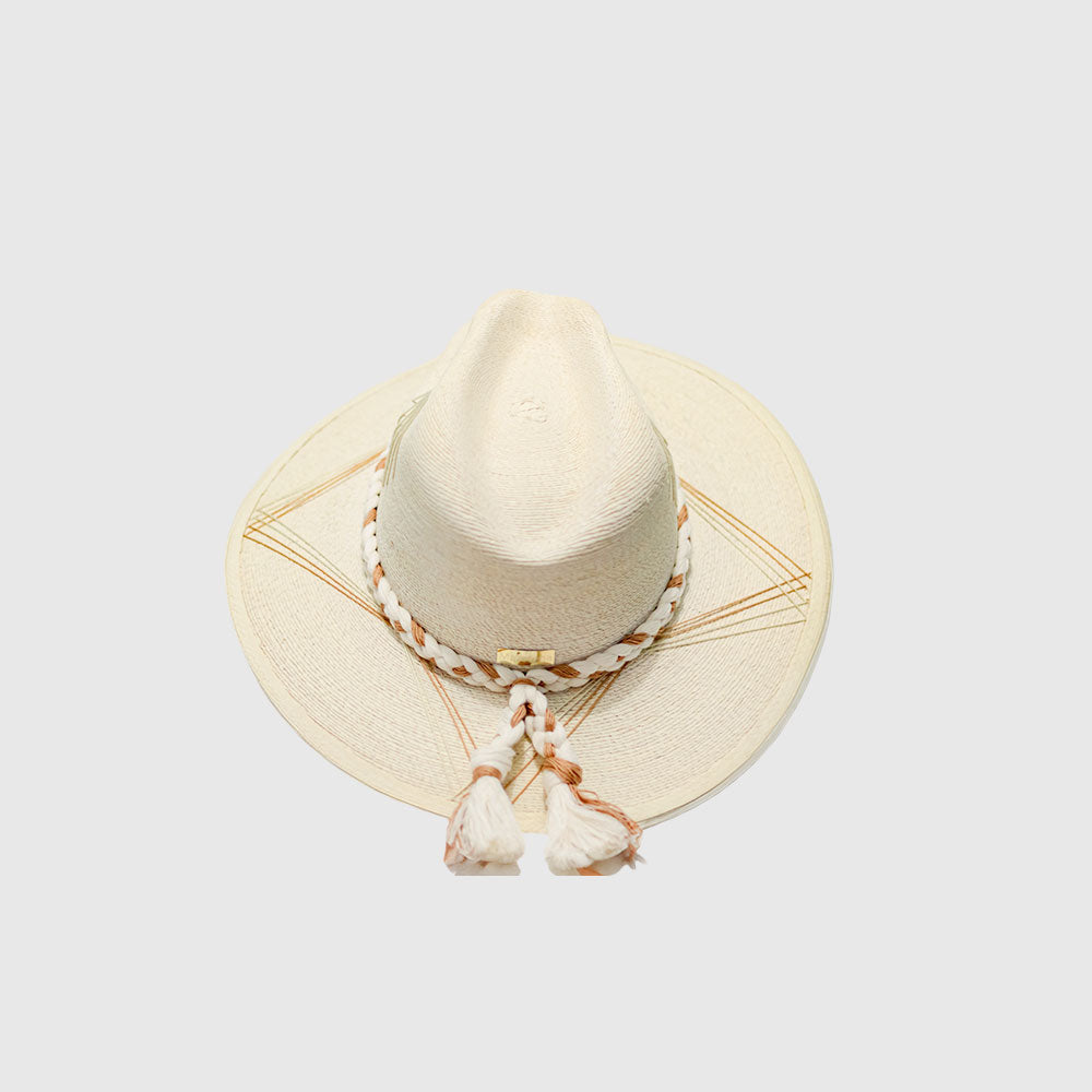 Hand embroidered hat with crossed triangules. Hand made strip in Ivory / beige color